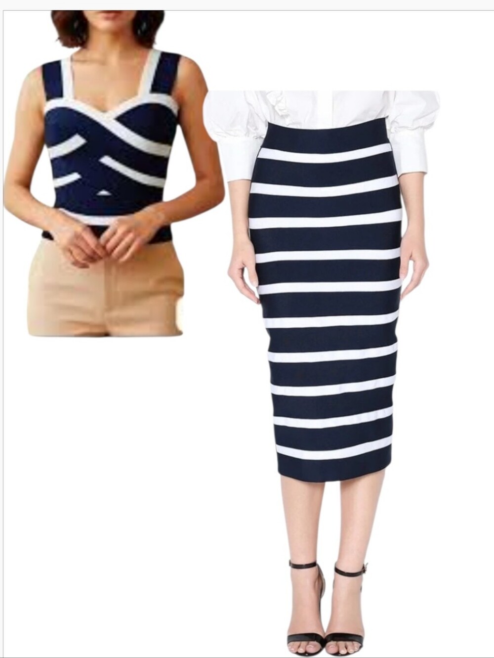 Gracia Striped Bandage Midi Skirt & Matching Crop Top Set Navy White L